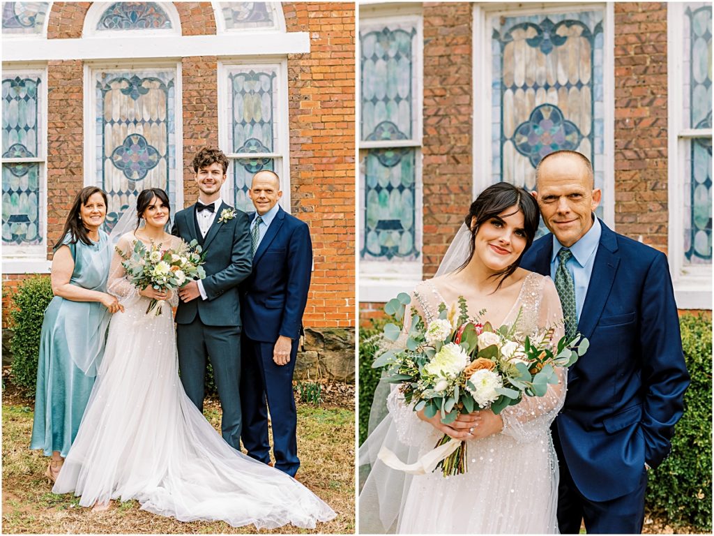 Collage of Emily and Lawrence with father of the bride and family