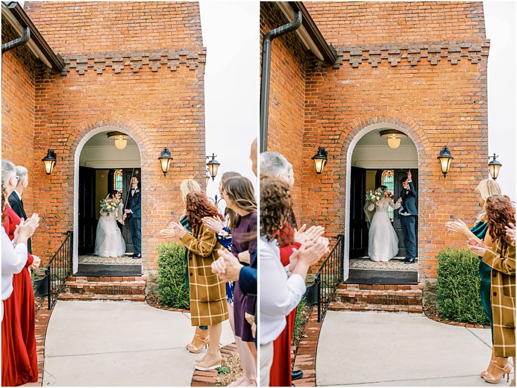 Family lined up outside with Lawrence and Emily ringing the bell during Arkansas Elopement 