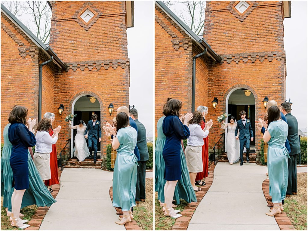 Family lined up outside with Lawrence and Emily exciting the church after their Arkansas Elopement