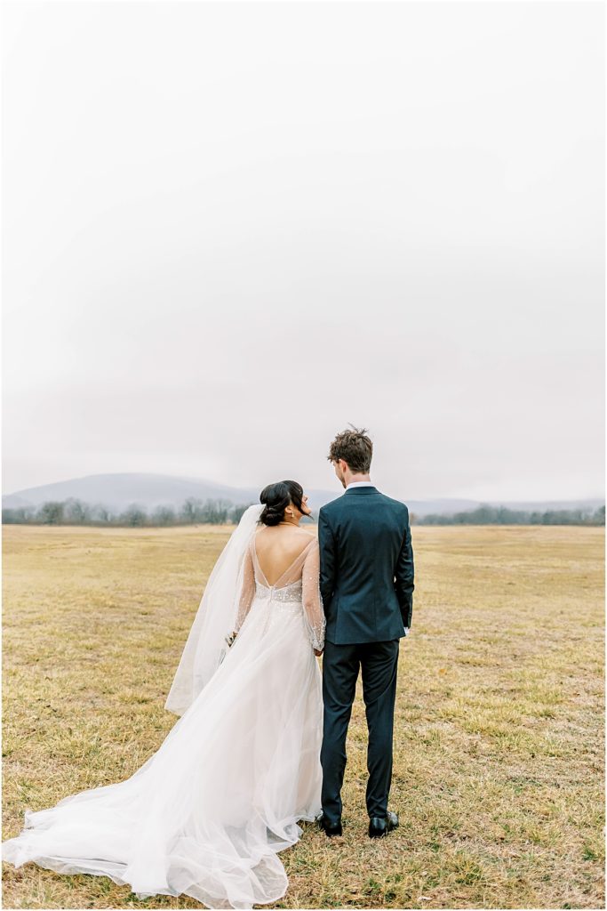 Lawrence and Emily, backs to camera looking into an open field during Arkansas Elopement