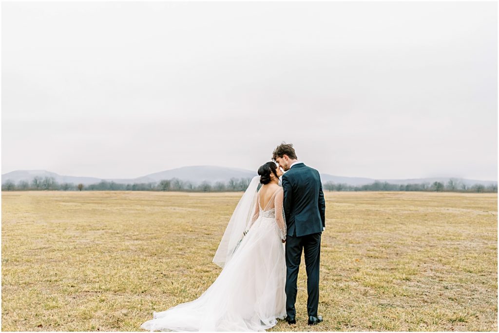 Emily and Lawrence looking into each others eyes after a kiss, an open field behind the during Arkansas Elopement