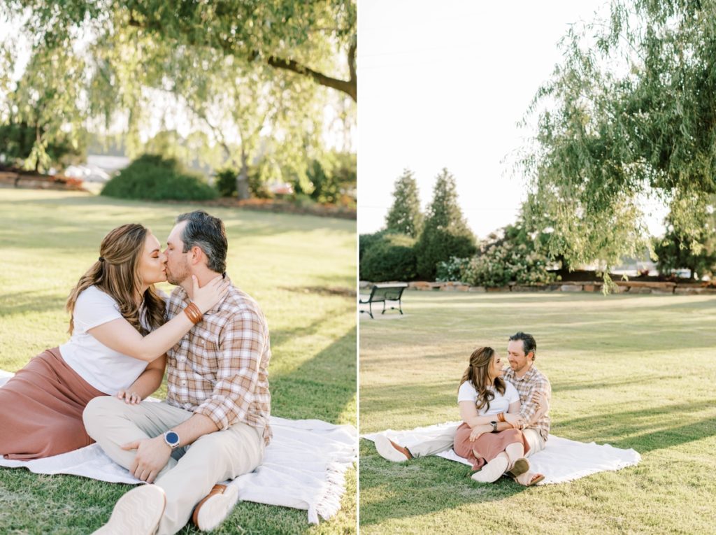 Collage of a couple sitting together and kissing on a blanket in Orchards Park