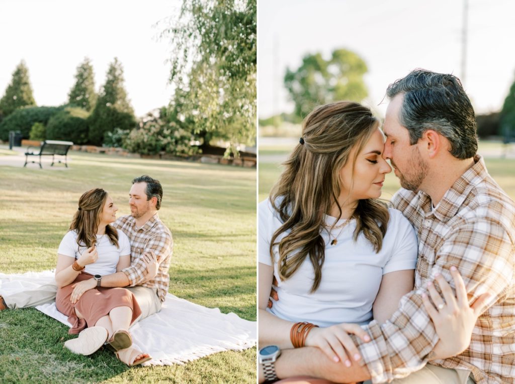 Collage of a woman sitting in her fiance's slap and snuggling in to him during their engagement session.