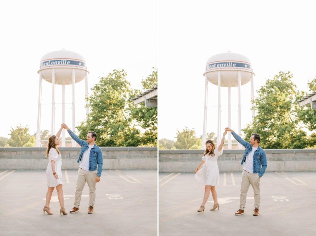 Collage of a man spinning his fiance around on top of a parking garage during their engagement session in Bentonville, AK
