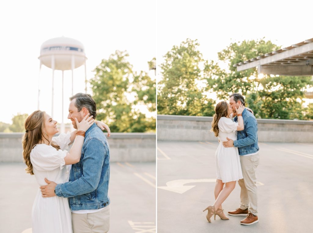 Collage of a woman looking lovingly at her fiance and kissing him during their engagement session in Bentonville, AK
