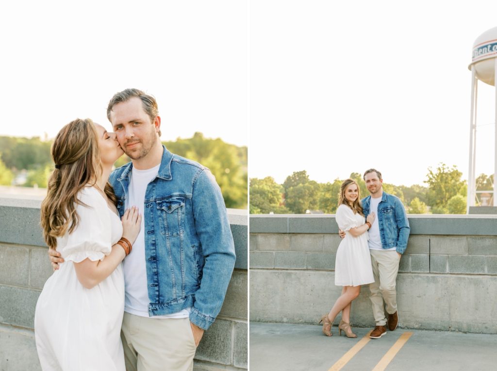 Collage of a couple standing on top of a parking garage while they smile and the woman kisses her fiance's cheek