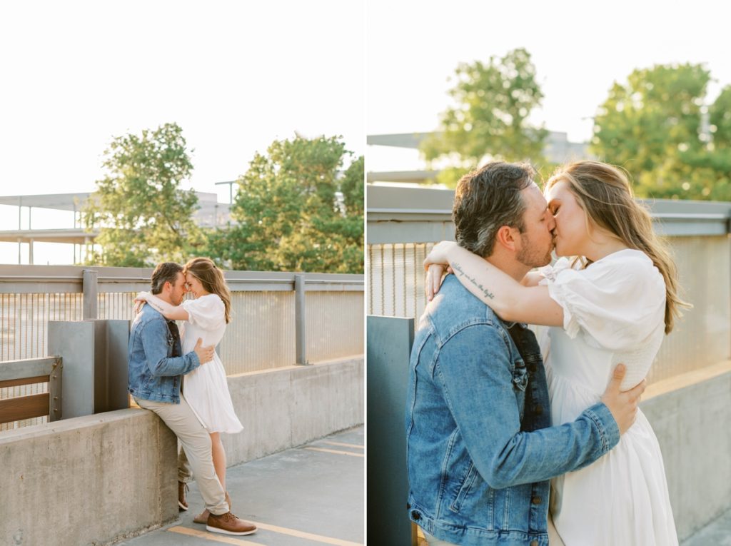 Collage of a man sitting on the edge of a parking garage wall while his fiance snuggles in close and kisses him