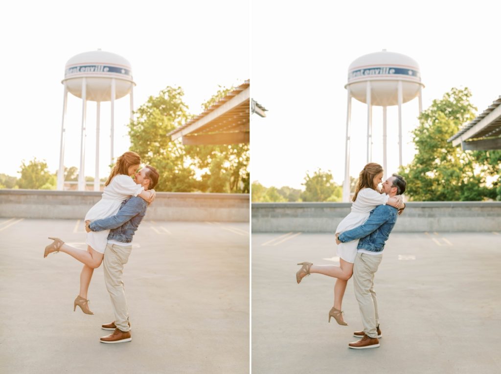 Collage of a man picks up his fiance and spins her around during their engagement session