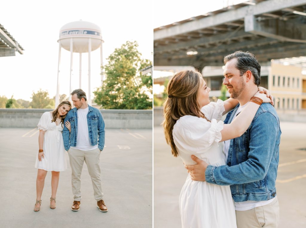 Collage of a woman resting her head on her fiance's shoulder and her looking up lovingly at him during their engagement session