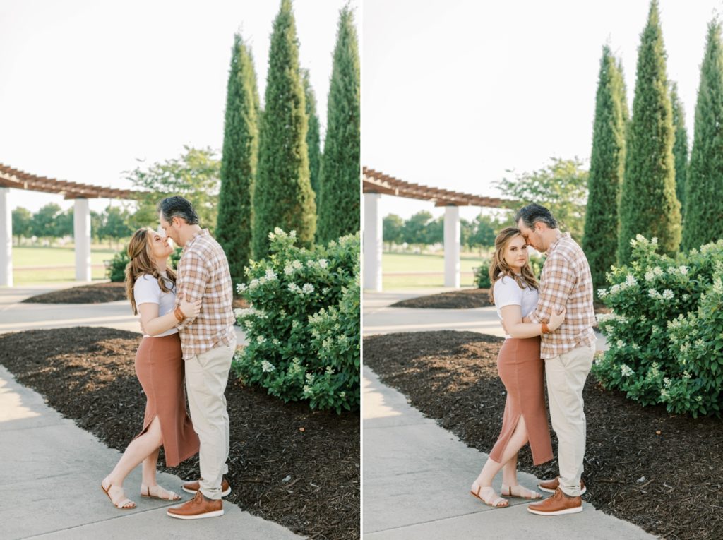 Collage of a couple standing in a park with their noses together smiling and the woman looking at the camera while her fiance nuzzles her temple.