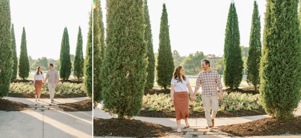 Collage of a couple walking hand in hand smiling at each other during their engagement session.