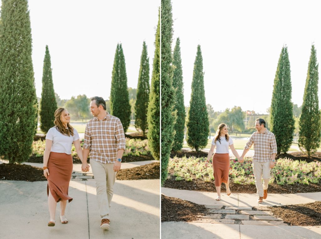 Collage of a couple walking hand in hand smiling during their engagement session in Orchards Park