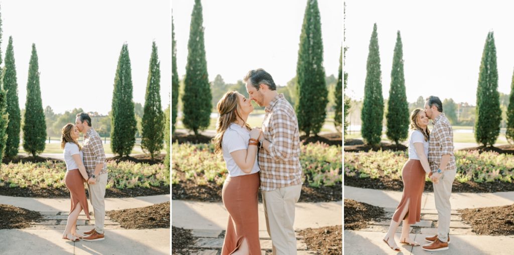 Collage of a couple smiling at each other as the man kisses his fiance on her temple.