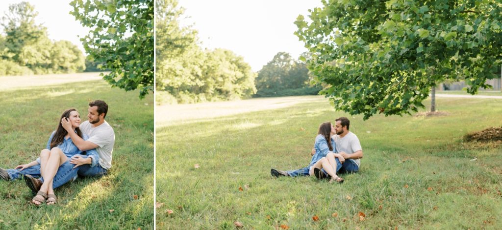 Collage of a woman sitting in her fiance's lap while they sit in the middle of a field during their engagement session.