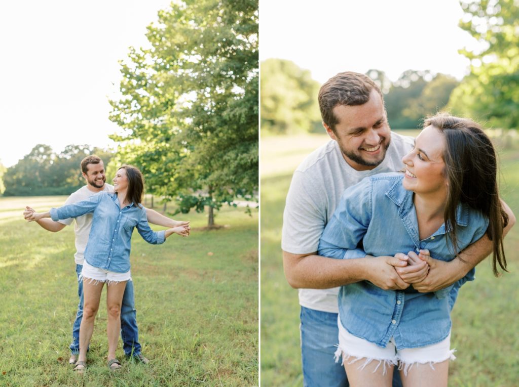 Collage of a couple doing the Titanic pose and a man wrapping his arms around his fiance from behind while they laugh.