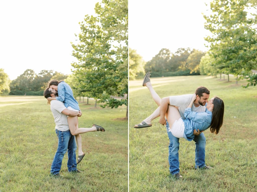 Collage of a man picking up and dipping his fiance during their engagement session