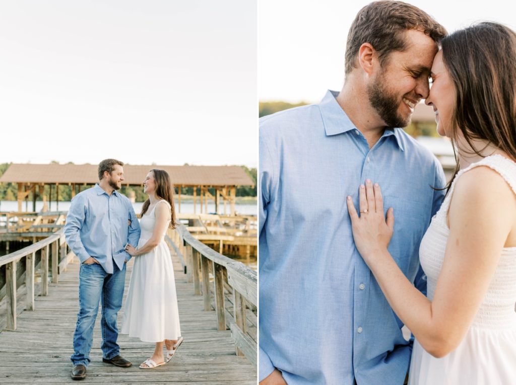 Collage of a couple standing on a pier at Lake Fayetteville during their engagement session.