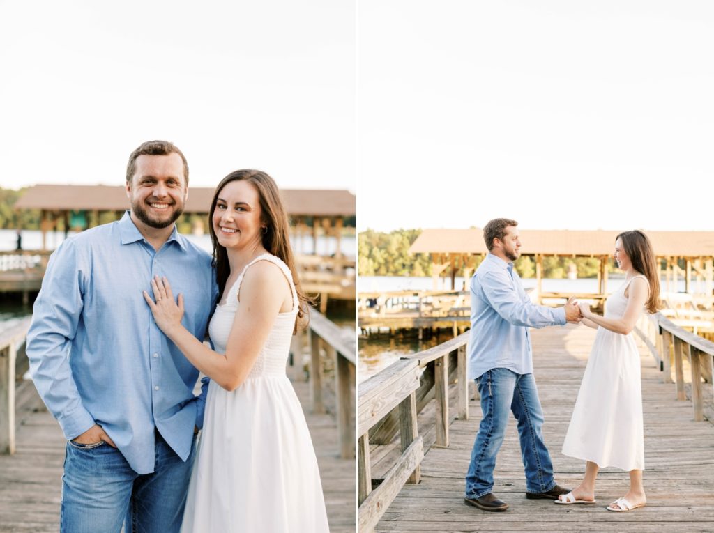 Collage of a couple smiling together on a pier and dancing during their engagement session.