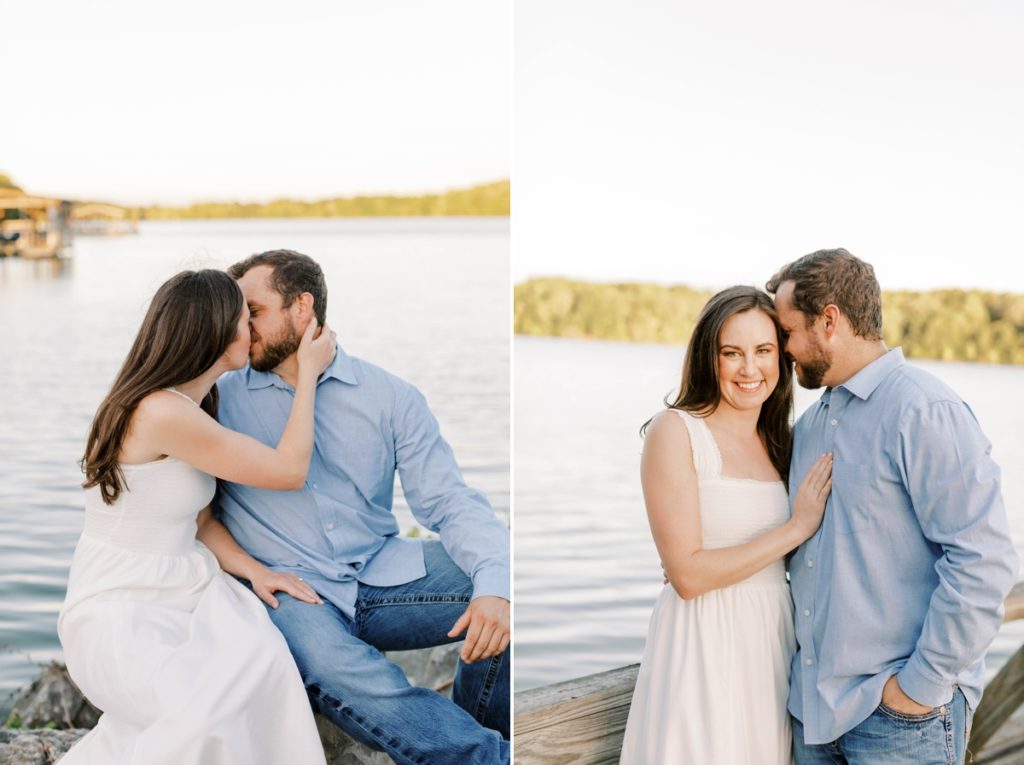Collage of a couple kissing on the rocky shore of Lake Fayetteville and the woman smiling while her fiance laughs into her cheek.