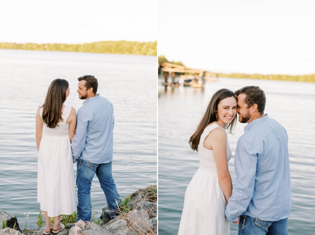 Collage of a couple with their backs turned looking at each other on the shore of Lake Fayetteville.
