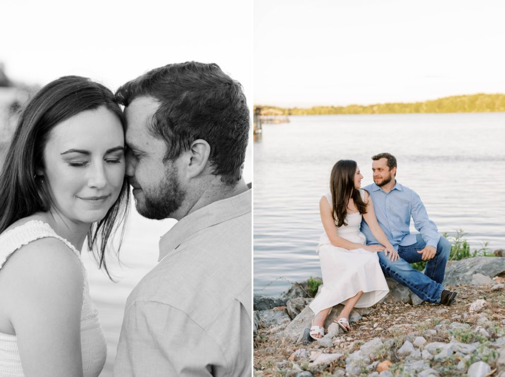 Collage of a couple sitting on the rocky shore of Lake Fayetteville smiling at each other and a detail photo of their faces pressed together
