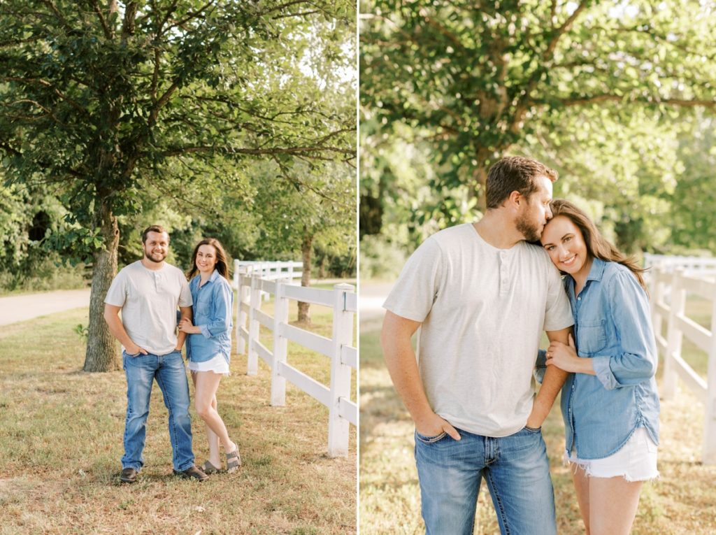 Collage of a woman with her head resting on her fiance's shoulder and them both smiling as they stand by a white picket fence