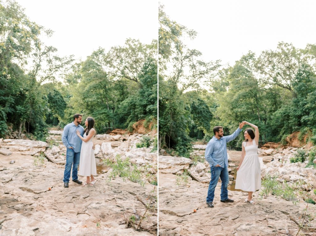 Collage of a couple dancing on the rocky banks of Lake Fayetteville.