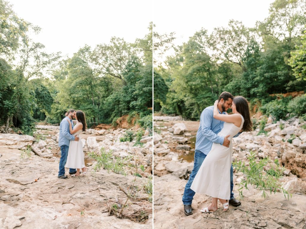 Collage of a couple kissing during their engagement session.