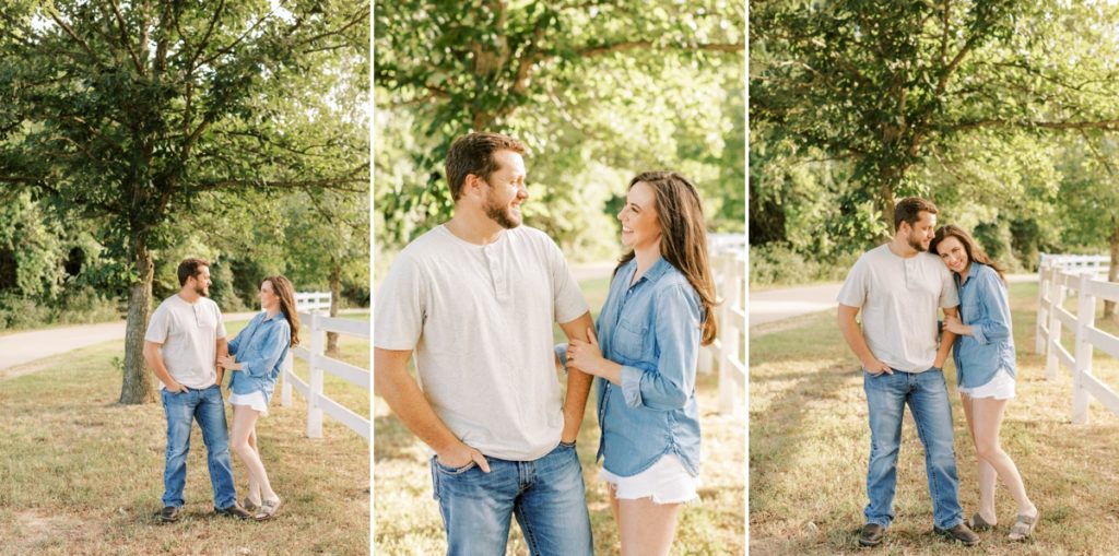 Collage of a couple laughing and looking at each other during their engagement session at Lake Fayetteville. 