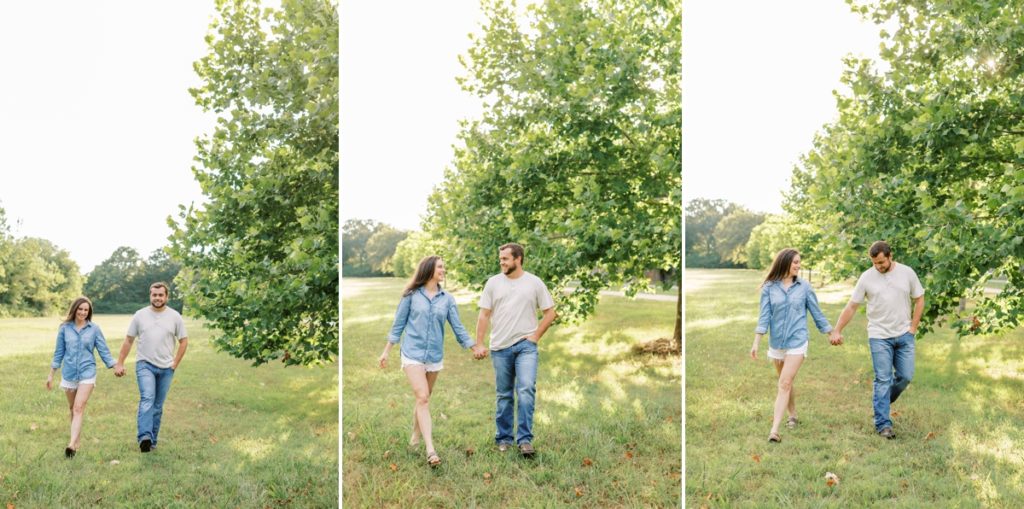Collage of a couple walking and laughing hand in hand through a field