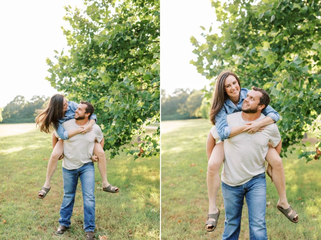 Collage of a man giving his fiance a piggy back ride at Lake Fayetteville.