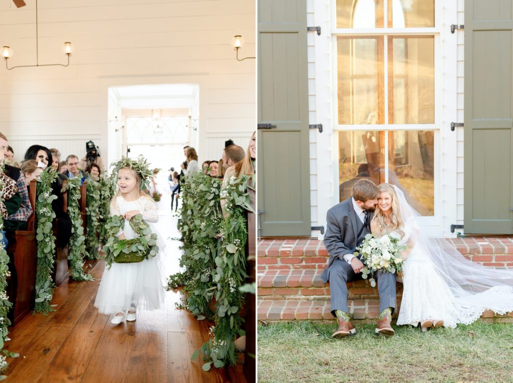 Collage of a flower girl coming down a greenery filled aisle and a couple sitting on stair kissing featuring a Carey's Flowers bouquet.