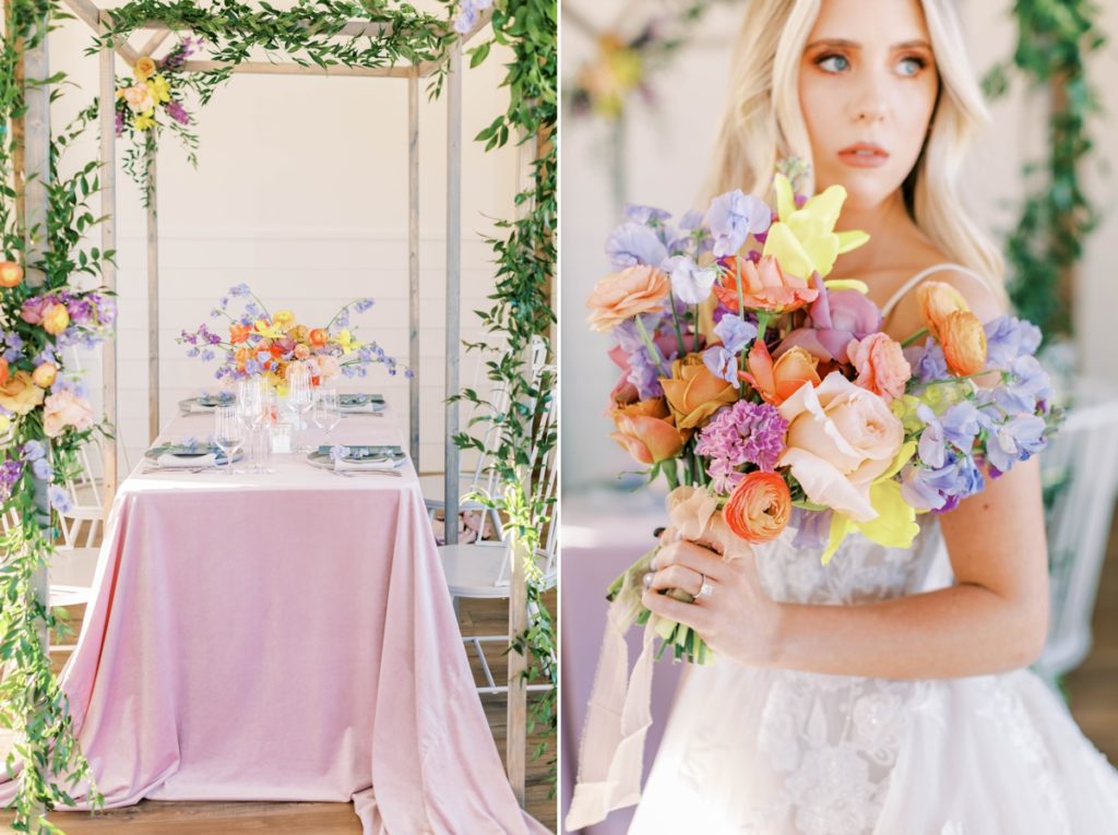 Collage of a pastel colorful reception table and a bride holding her bouquet over her shoulder by Darling Blooms.
