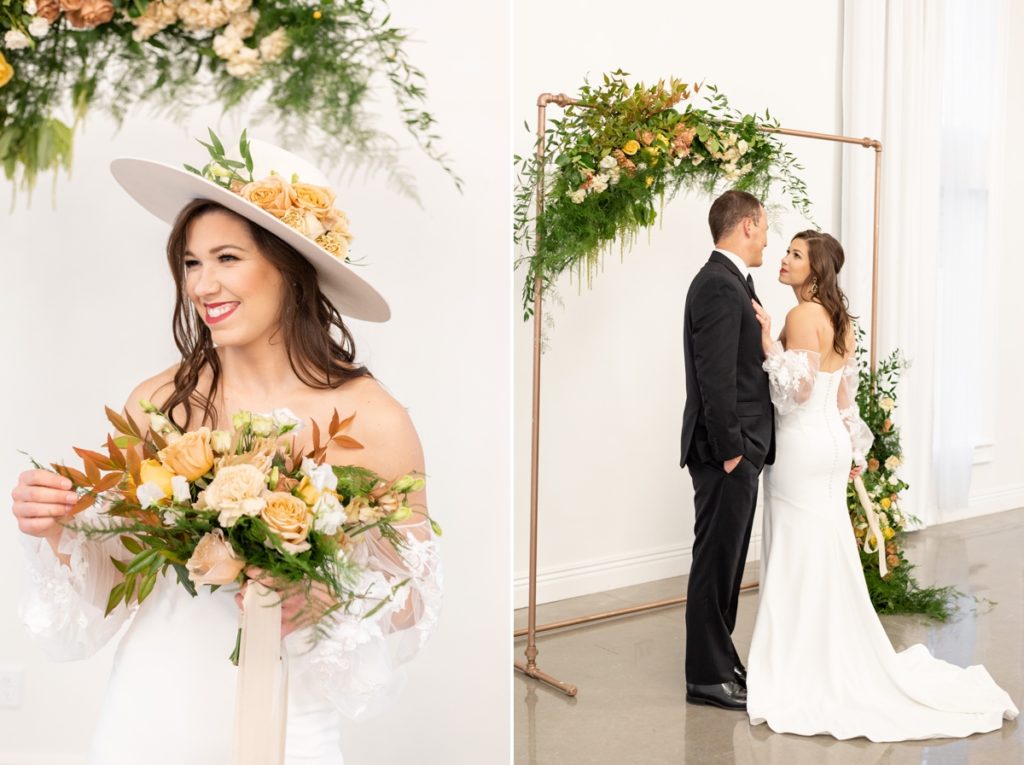 Collage of aa bride smiling in her bridal hat holding her bouquet and the couple smiling at each other in front of their floral and copper altar by Flora Leigh.