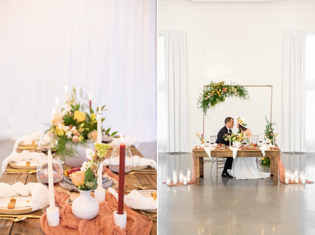 Collage of a wedding table set up and a couple sitting at their sweetheart table with floral designs by Flora Leigh.