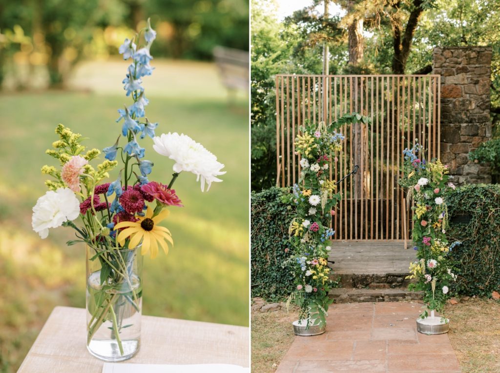 Collage of a wildflower ceremony decoration and a wildflower covered arch.