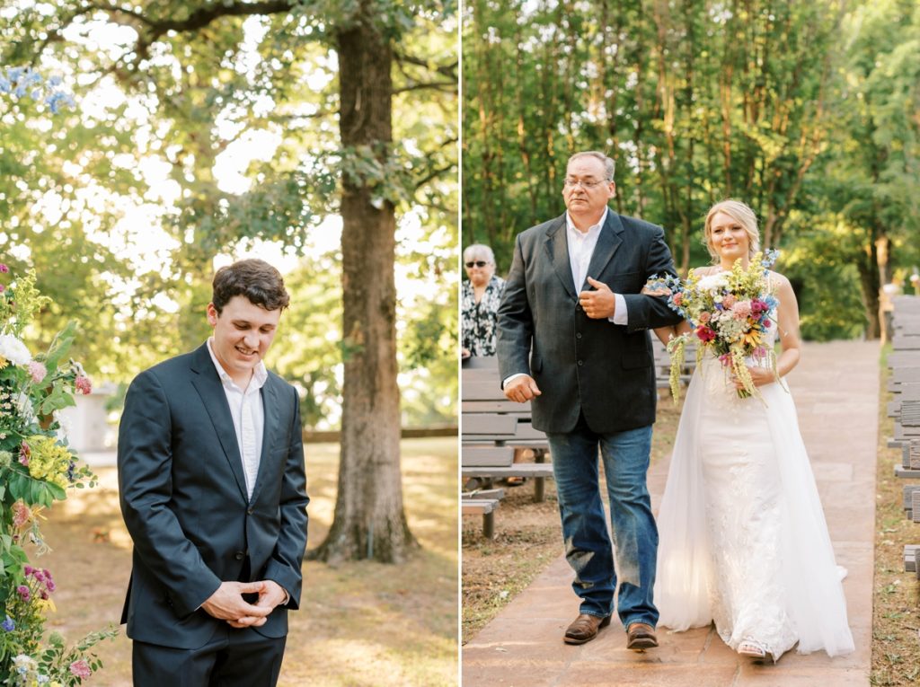 Collage of a groom seeing his bride come down the aisle and the bride walking down the aisle with her dad.