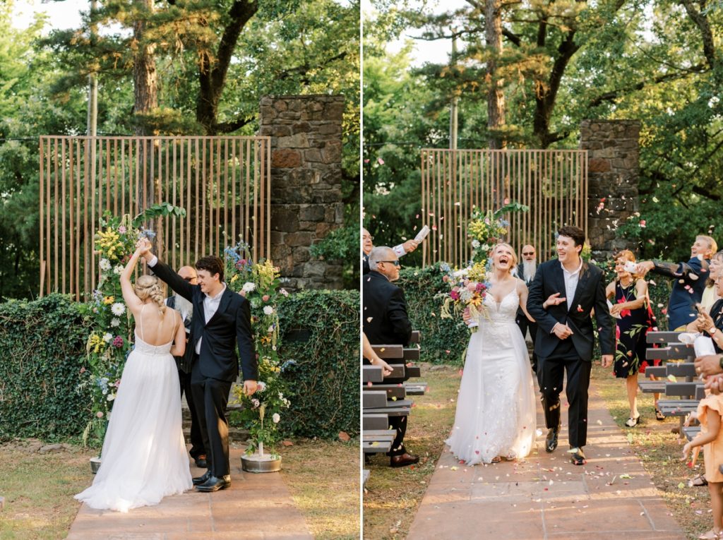 Collage of the groom spinning his wife at the altar and then walking back down the aisle together as their guests throw flower petals.