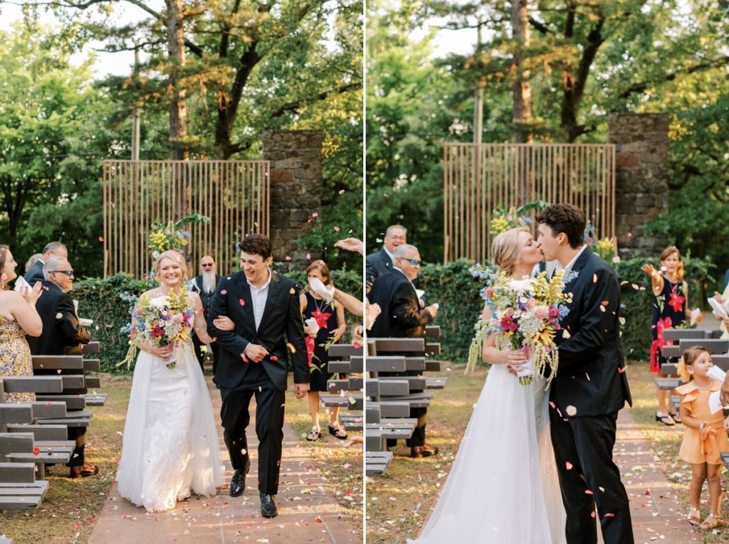 Collage of the bride and groom walking down the aisle together under a shower of flower petals and kissing at the end of the aisle.