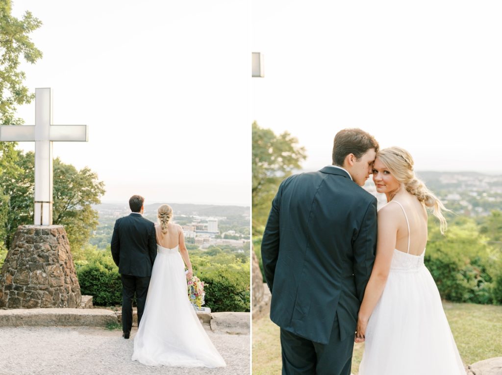 Collage of the bride and groom standing beside a cross looking out over Mt Sequoyah and the groom snuggling his bride's temple while she looks back over her shoulder.