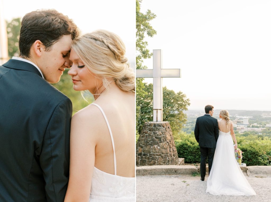 Collage of the bride and groom with their temples pressed together and their eyes closed and them looking at each other beside the cross on top of Mt. Sequoyah