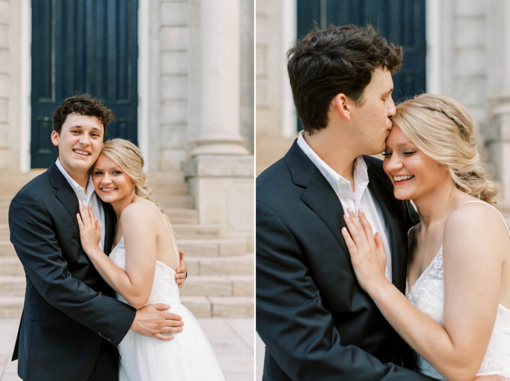 A collage of a bride snuggling into her groom's chest and the groom kissing her on the forehead while she smiles. 