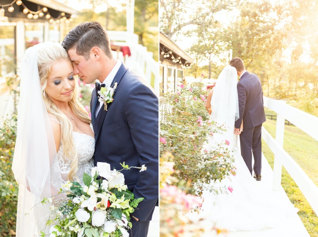 Collage of a groom with his forehead on his bride's temple while she closes her eyes and takes in the golden hour light of their wedding day and the bride and groom walking along a fenced path during golden hour.