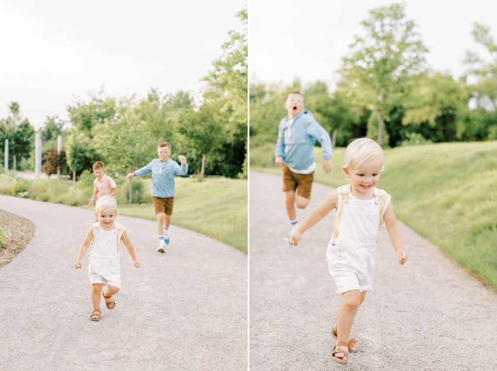 Collage of the oldest two Flake brothers chasing their youngest brother in a park during their family session.