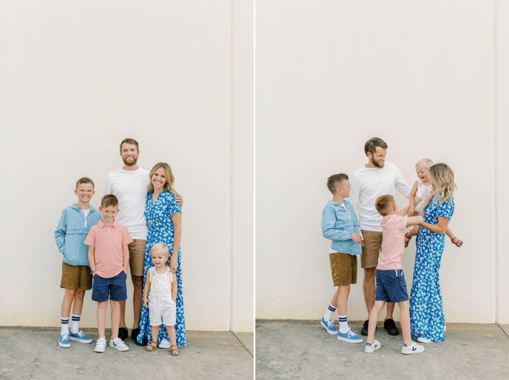 Collage of the Flake family smiling and laughing with each other as they stand in front of a white wall during their family session.