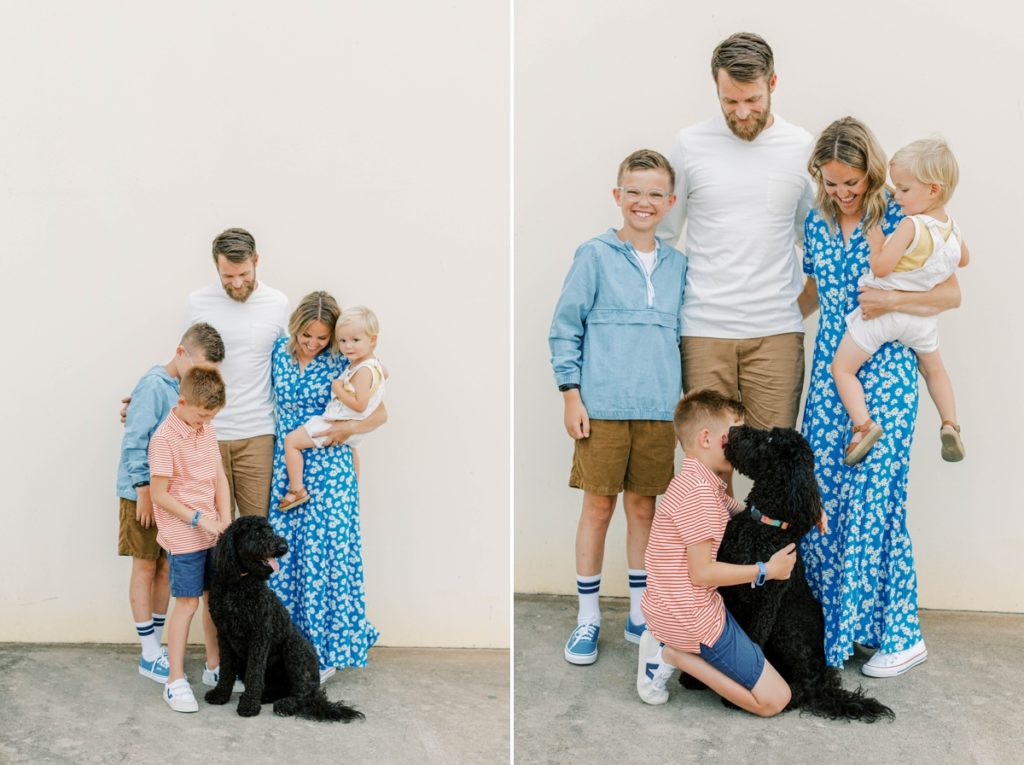 Collage of the Flake family looking down and laughing at their dog during their family session.