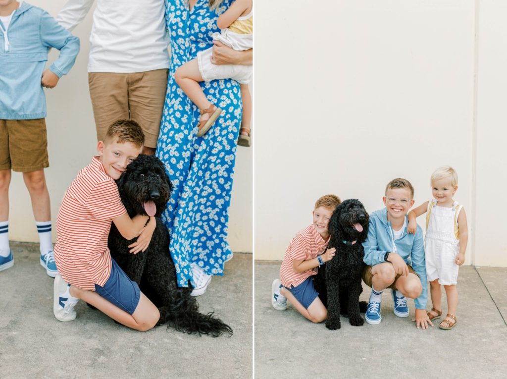 Collage of the middle Flake boy hugging their dog and the three Flake kids kneeling down with their dog.