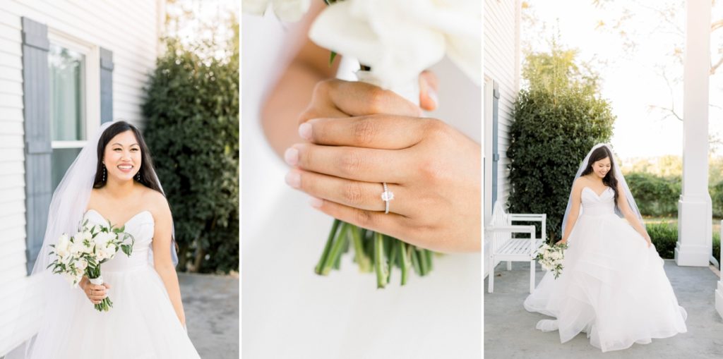 Collage of a bride walking across a porch playing with her wedding dress dress while laughing and a detail photo of the bride's dream engagement ring holding onto her wedding day bouquet.