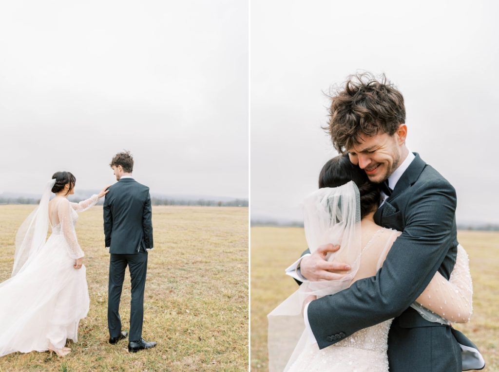 Collage of a bride tapping her groom on the shoulder during their first look and him hugging her while crying on their wedding day.