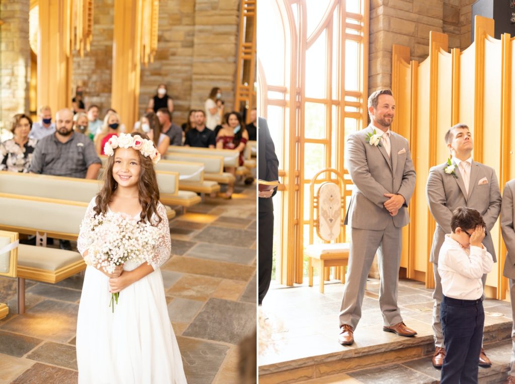 Collage of the flower girl walking down the aisle and the ring bearer covering his eyes as the bride comes down the aisle.